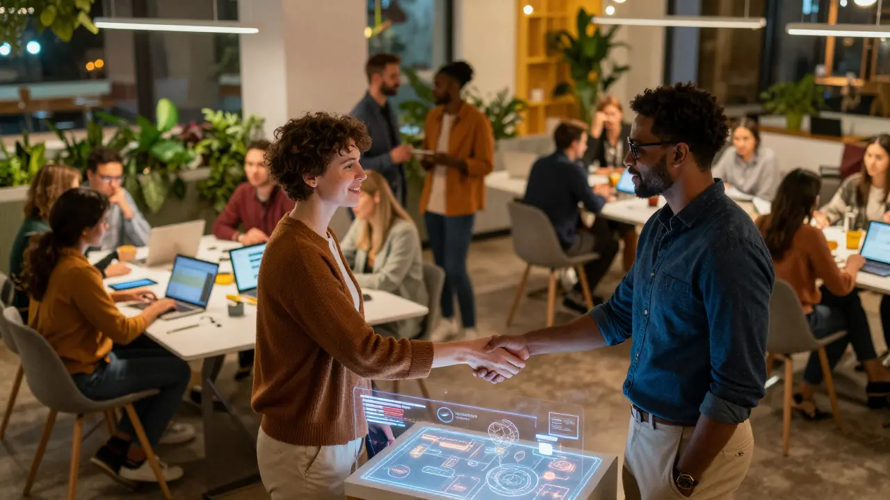 Two professionals shaking hands while reviewing a portfolio in a modern workspace.
