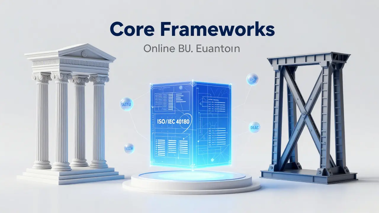 3D concept of ISO and regional accreditation frameworks supporting online education quality.