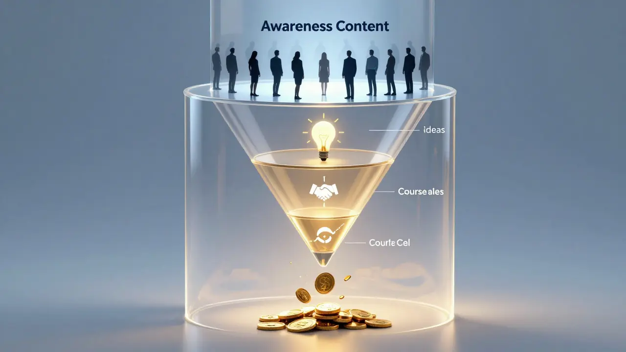 3D funnel graphic showing viewers converting into course sales