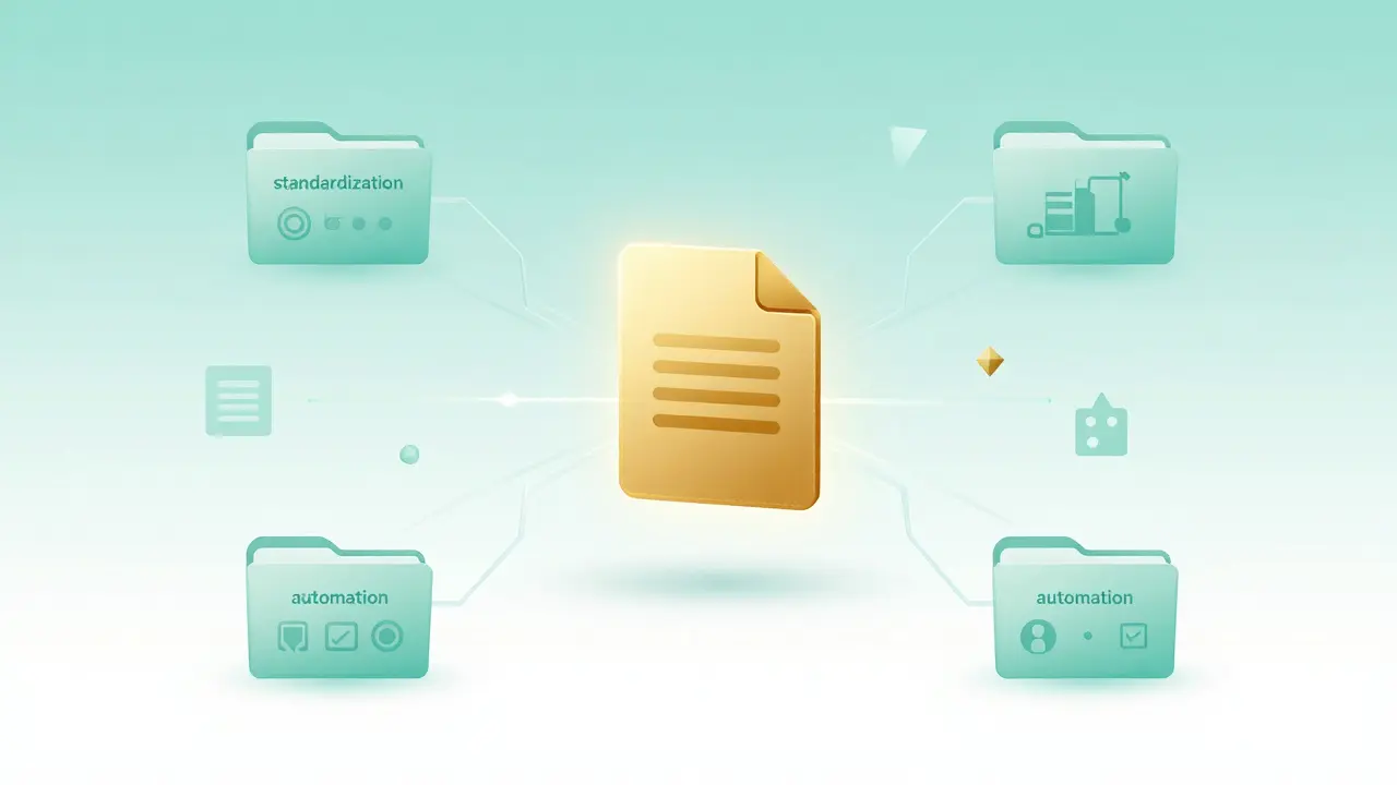 Abstract illustration of a master course template distributing content automatically
