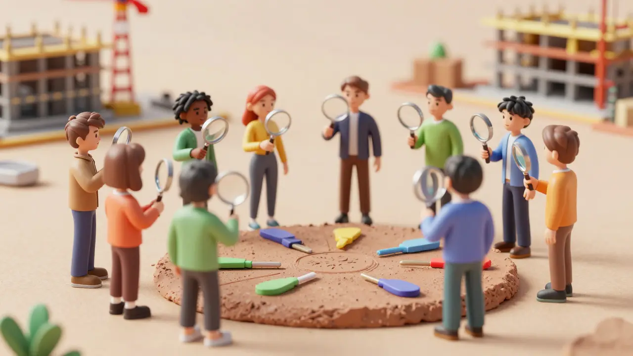 Avatars inspecting a clay prototype course module with magnifying glasses.