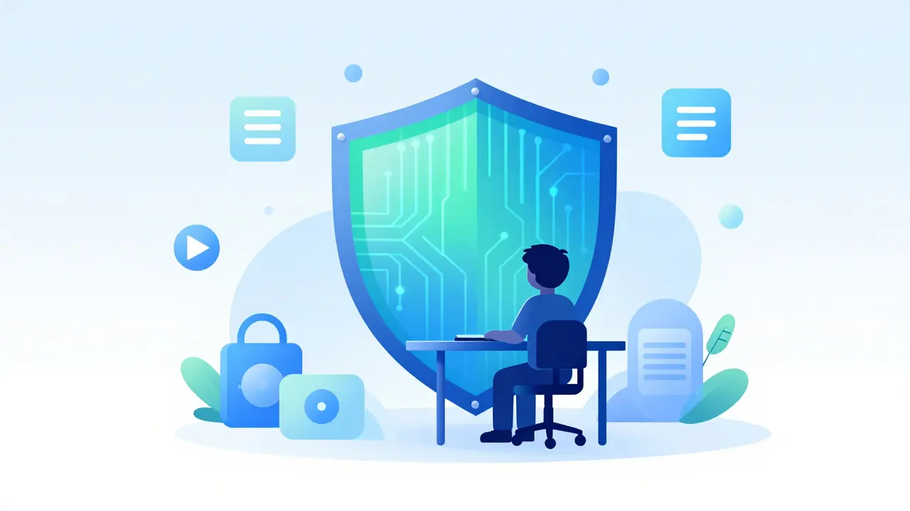 Conceptual illustration of a digital shield protecting a child's online privacy and safety