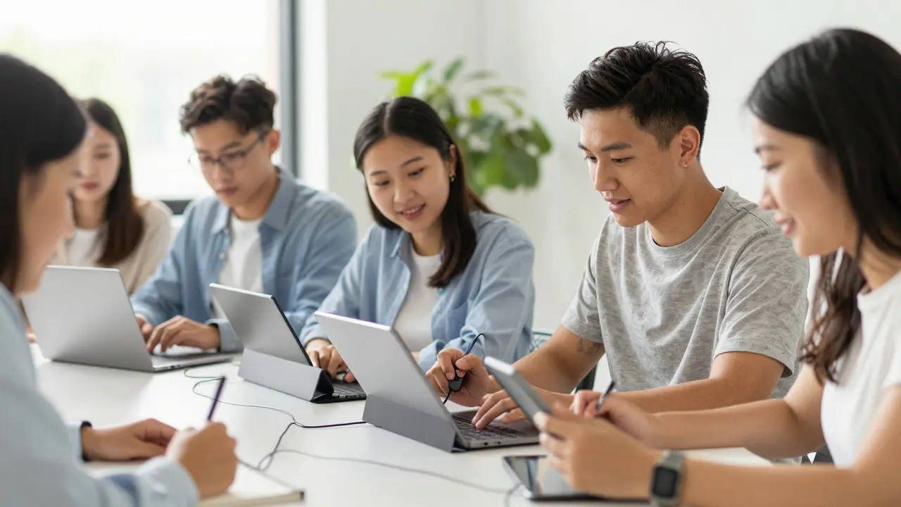 Diverse students using various assistive tech devices in a bright, inclusive classroom