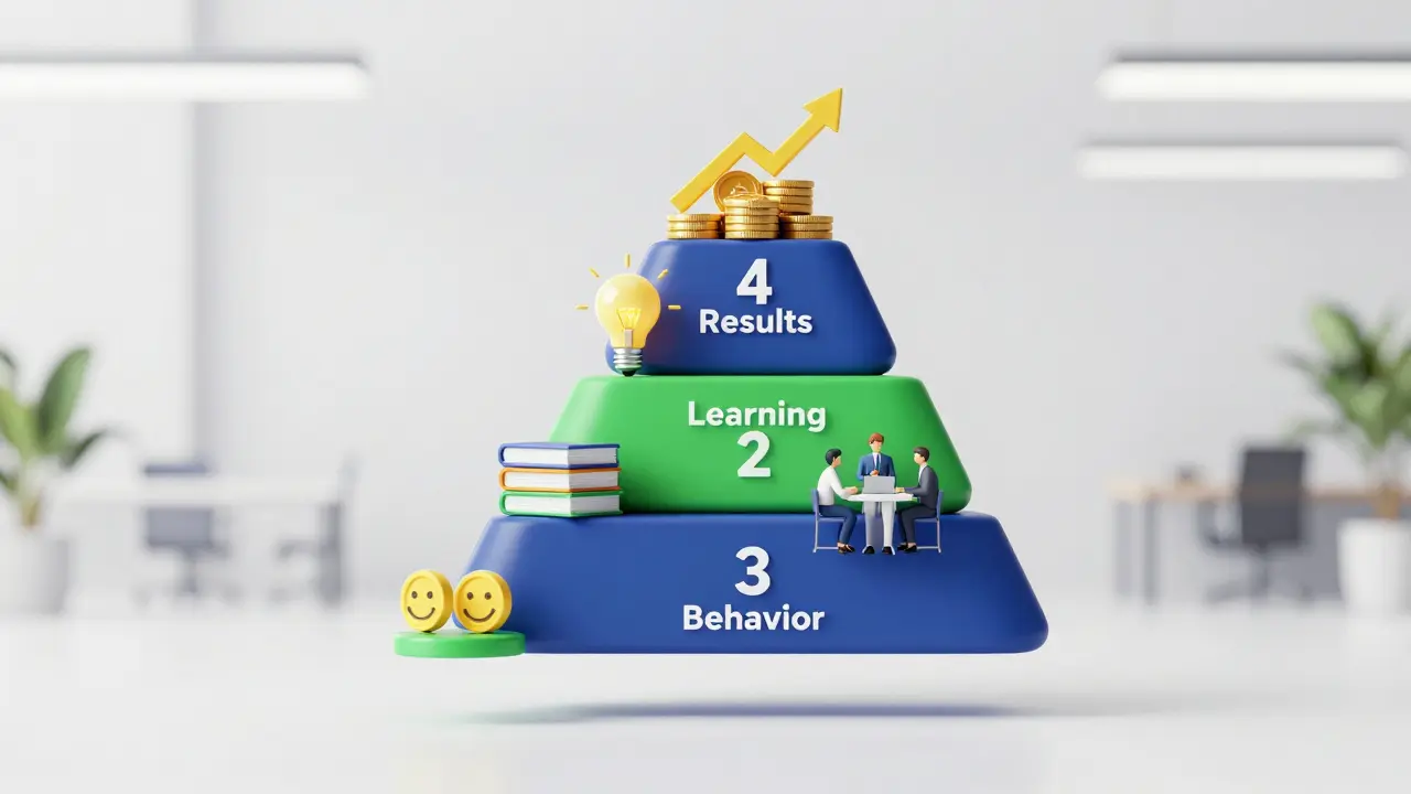 Four-tiered pyramid illustrating the Kirkpatrick training evaluation model levels