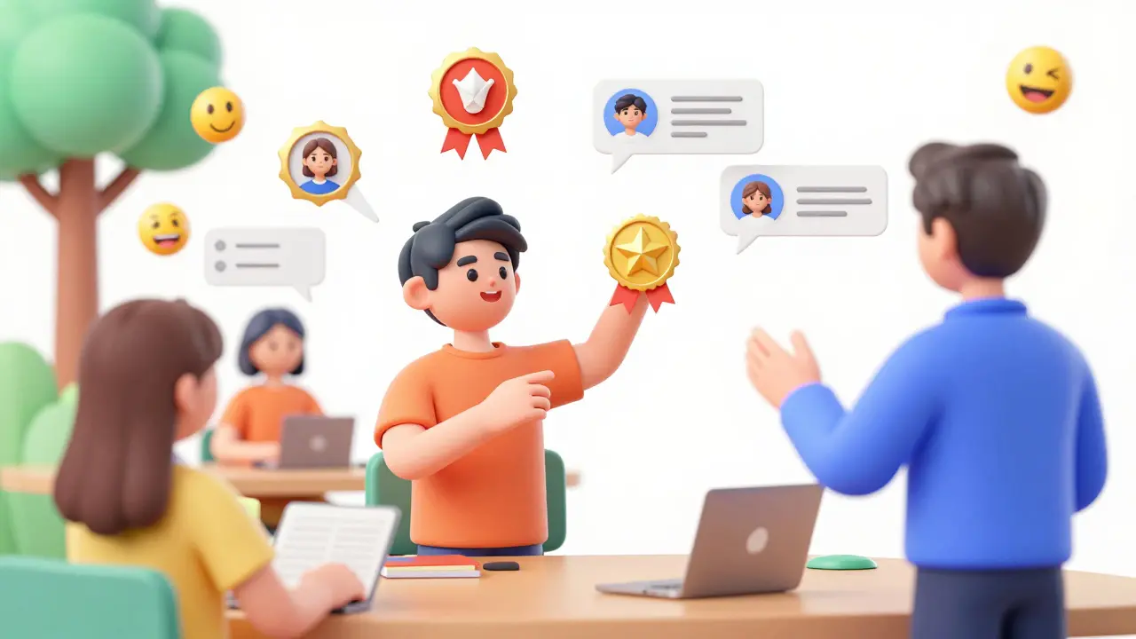 Gamified community engagement with badges and moderation