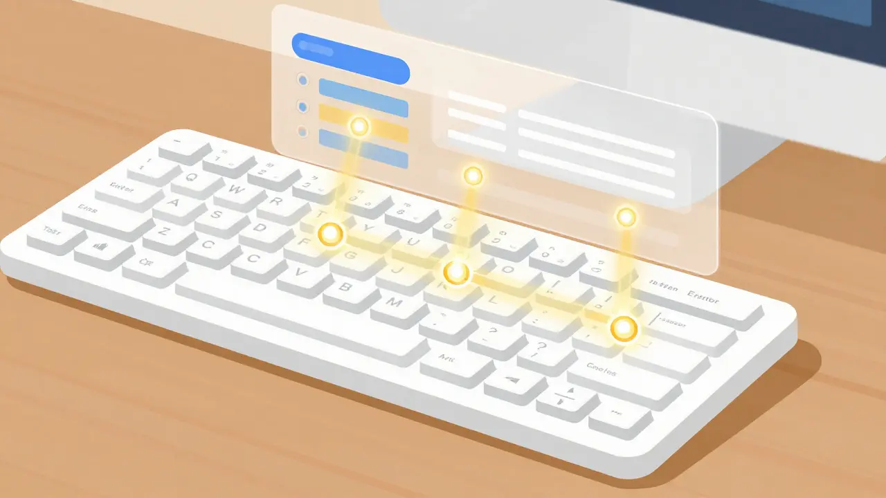 Glowing lines connecting keyboard keys to UI elements, showing logical focus navigation