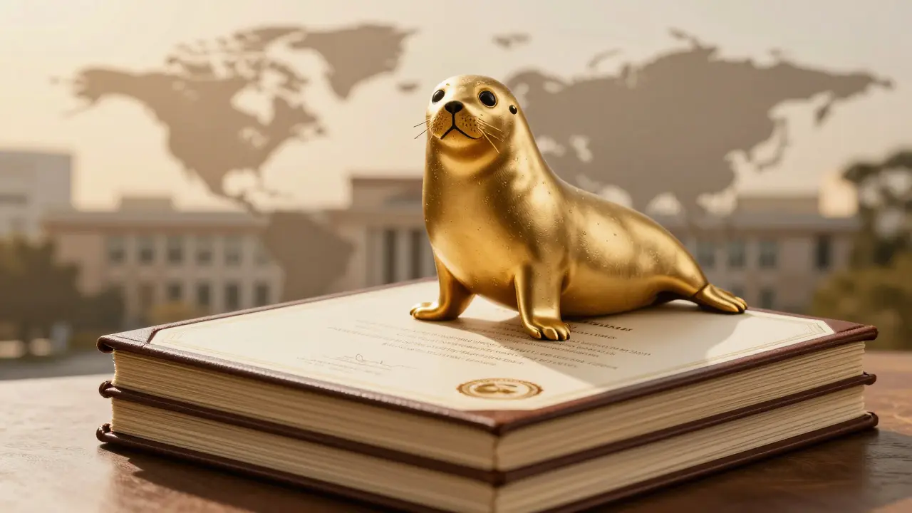 Golden accreditation seal hovering over professional certificates.