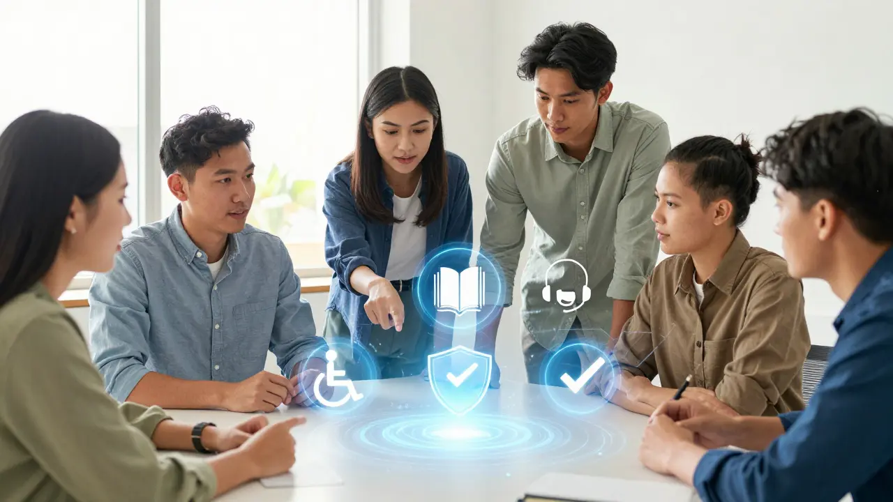 Group verifying five key pillars of online learning quality on a holographic display.