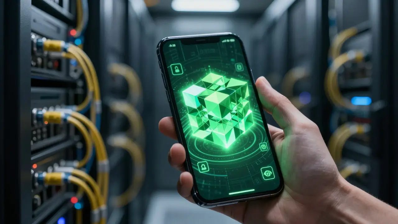 Hand holding phone with blockchain cube for secure credential verification