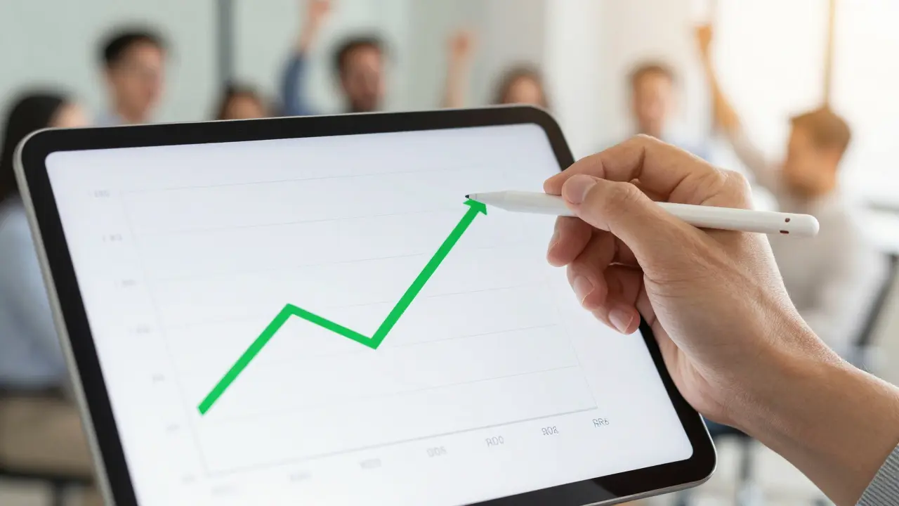 Hand pointing to positive ROI growth chart on tablet in a modern office setting