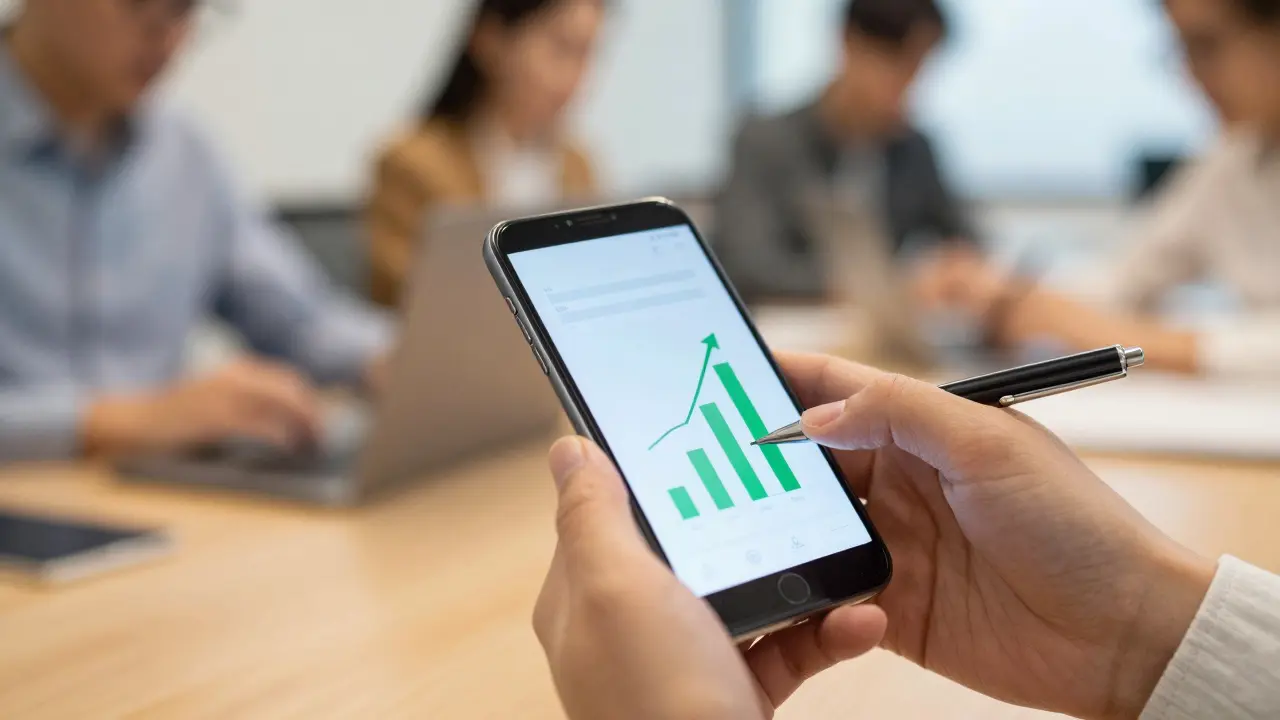 Hands analyzing positive performance data on a smartphone in an office