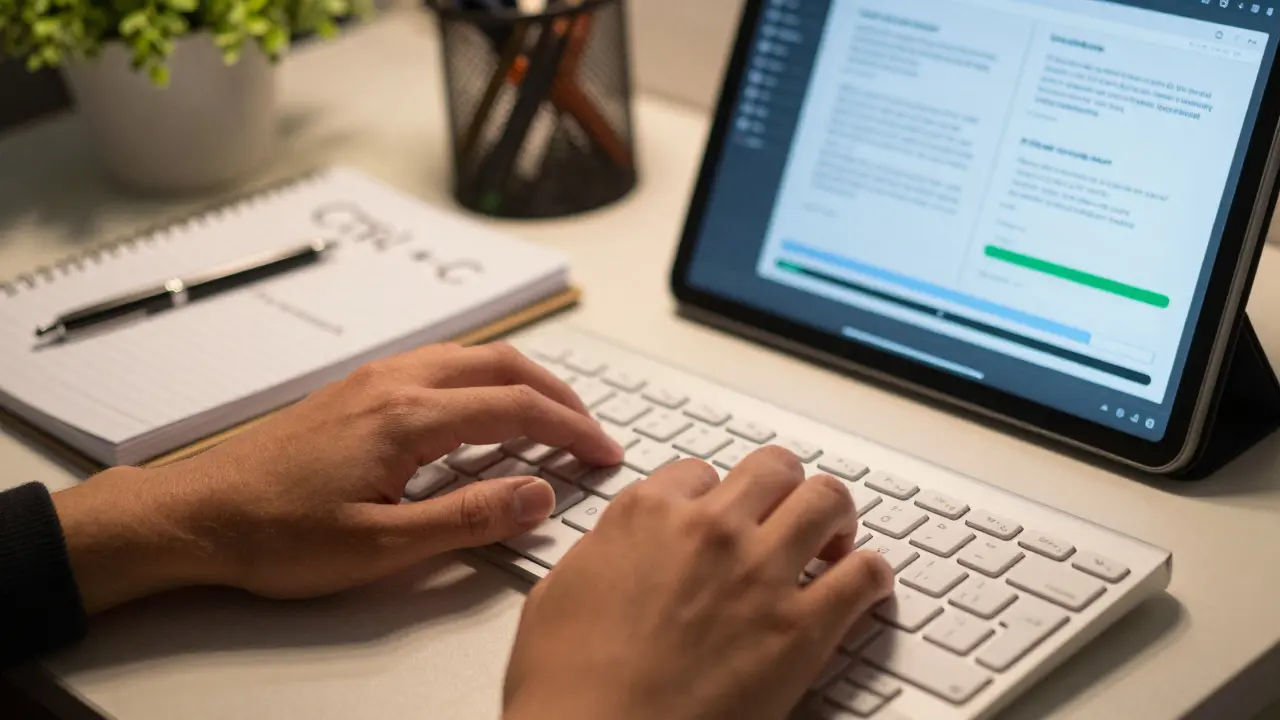Hands typing and taking notes during an online software tutorial session.
