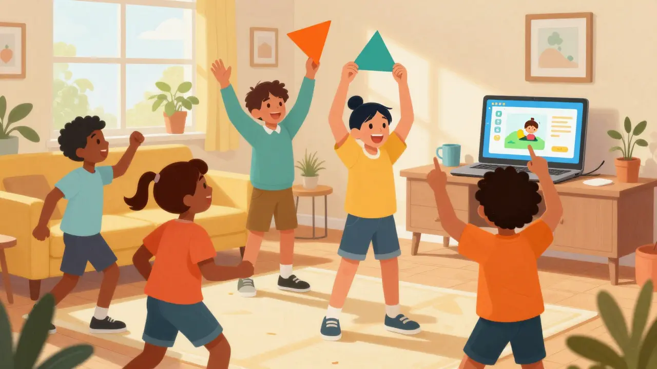 Happy elementary students moving around their home during an interactive online lesson