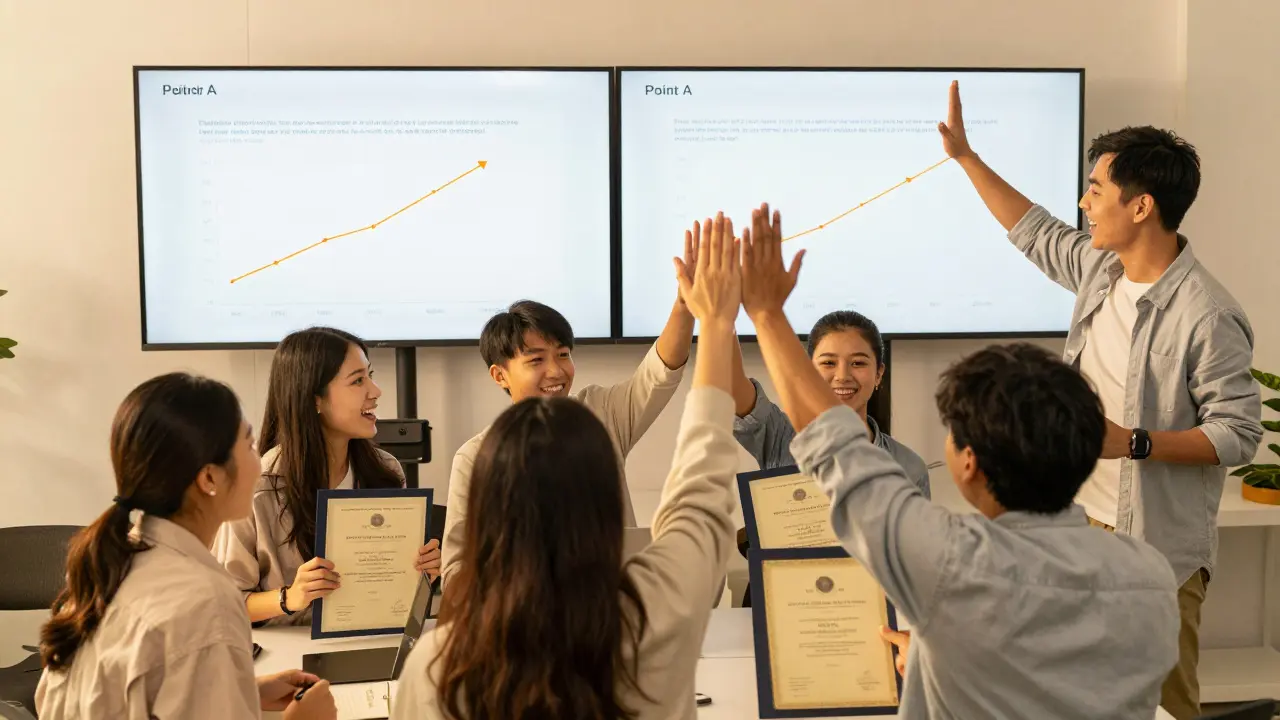 Happy students celebrating course completion together