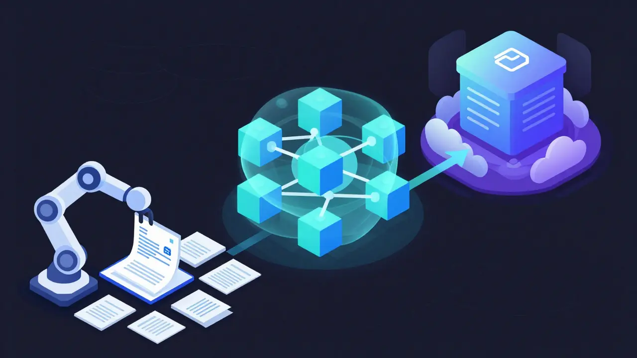 Illustration showing data cleaning flowing into neural networks and cloud deployment