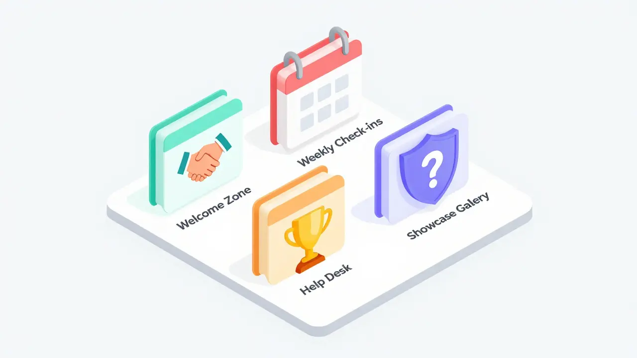 Isometric view of structured forum sections for courses