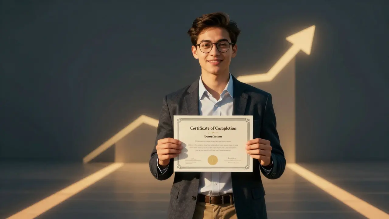 Person holding a completion certificate with a symbolic career growth background.