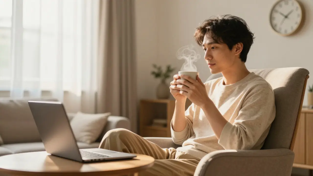 Relaxed teacher enjoying a coffee break with laptop closed in a sunny room