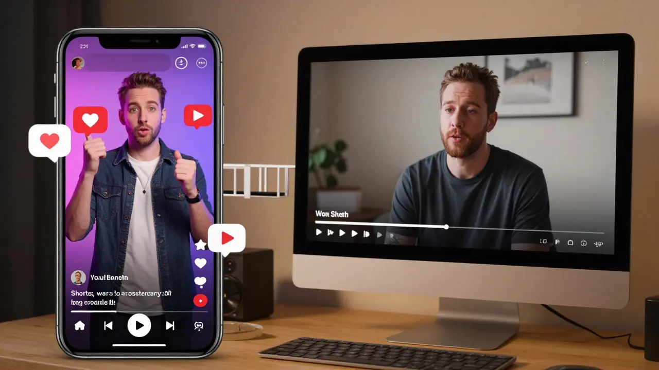 Smartphone and desktop connected, linking shorts to long videos