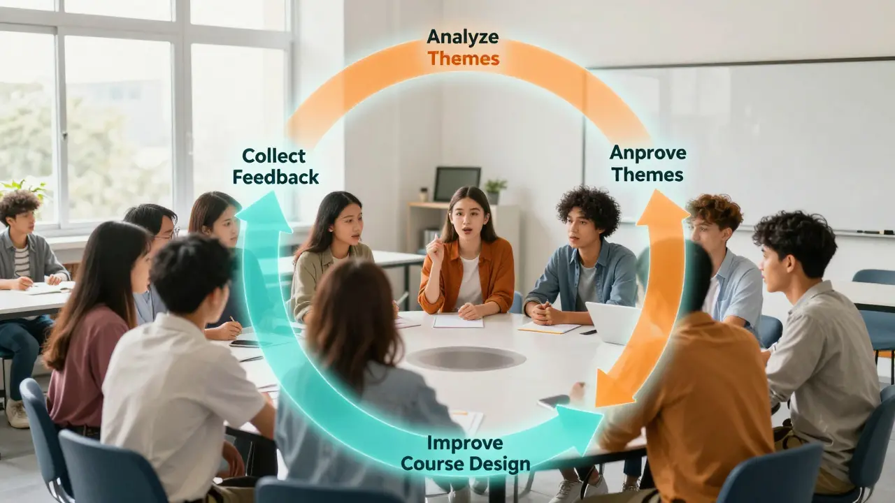 Students discussing in a circle connected by a glowing feedback loop