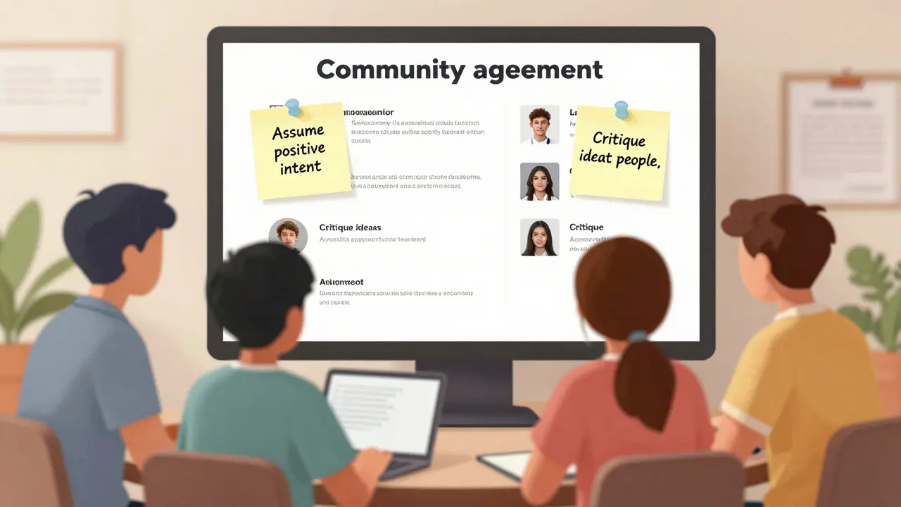 Students establishing community agreements and digital etiquette to prevent conflict in online classes