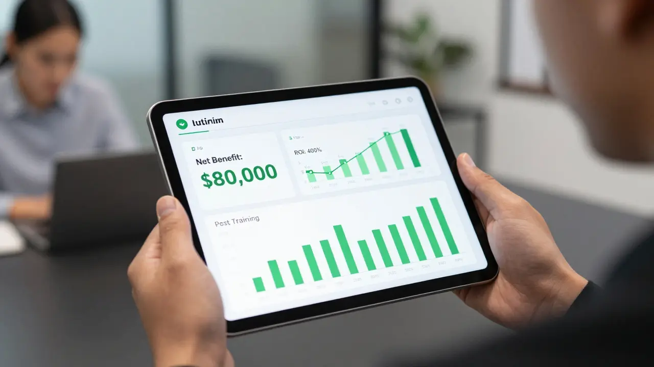 Tablet displaying positive training ROI metrics and financial gains