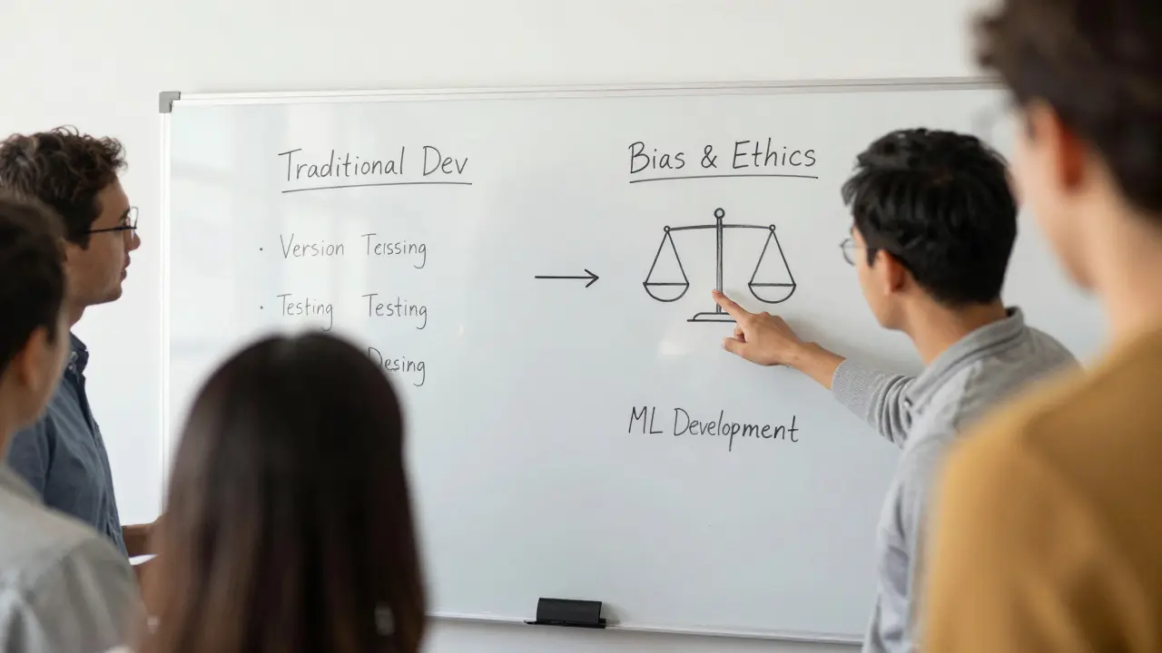 Team discussing ML development differences and ethics on a whiteboard
