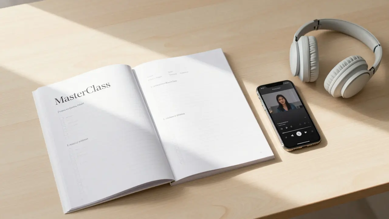 Workbook and phone on desk showing solo online learning