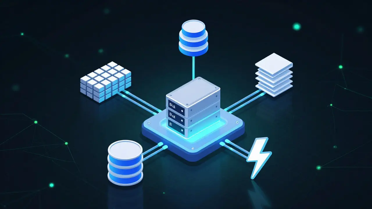 3D illustration of connected servers and database systems