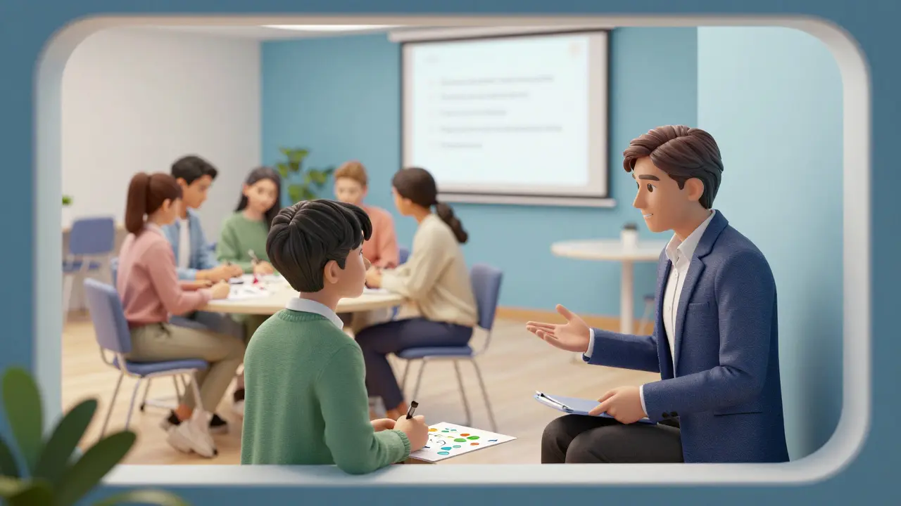 A hybrid academic support scene with coaching, group work, and open consultation areas.