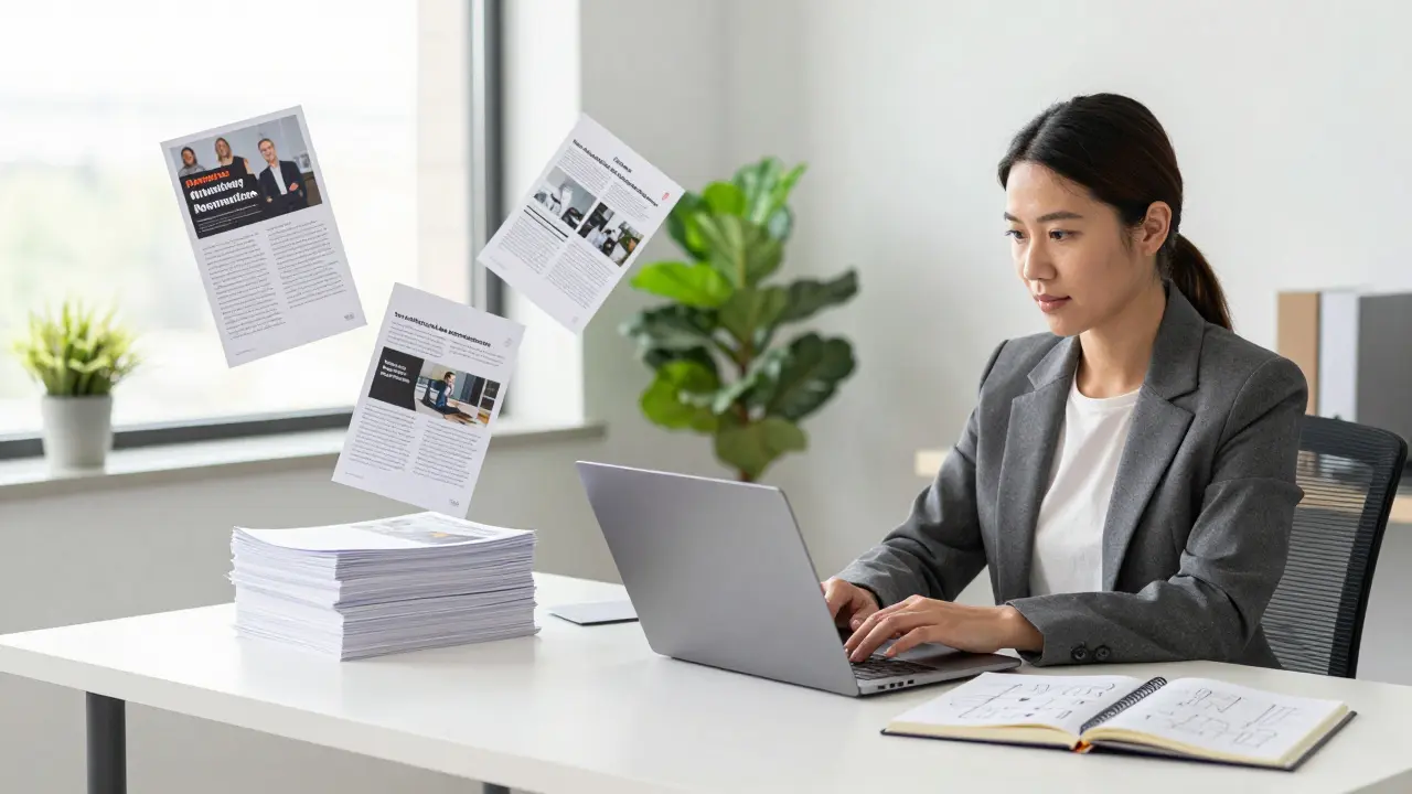A writer applying creative skills to corporate content marketing in a modern office.