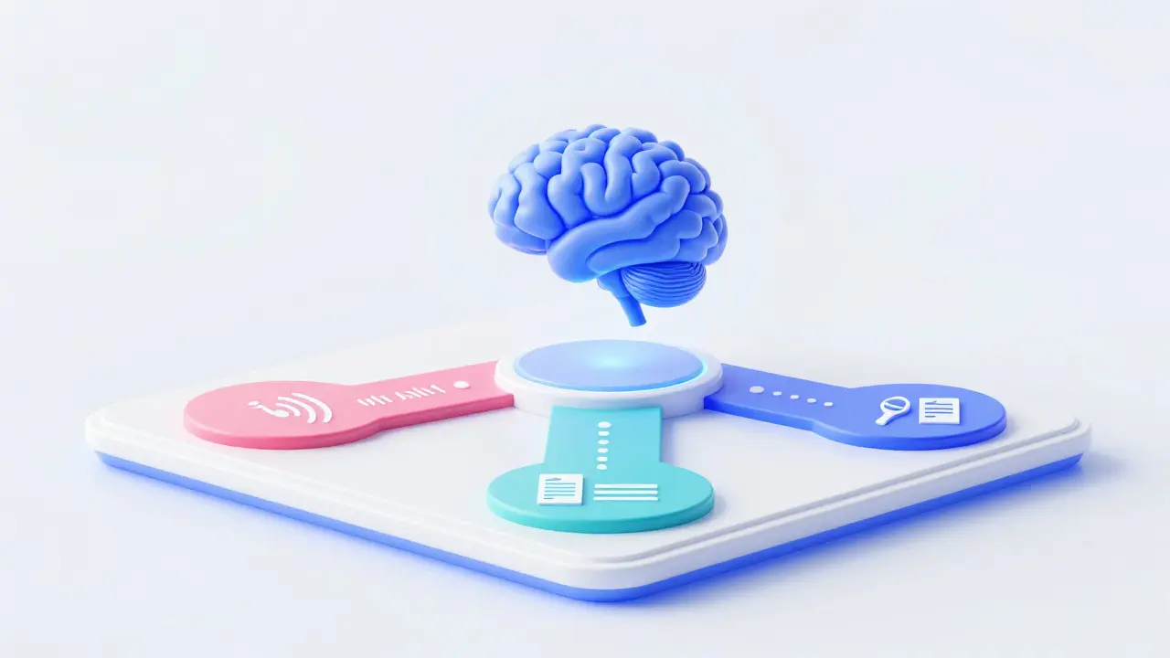 Abstract 3D illustration of flexible learning paths branching from a central brain icon.