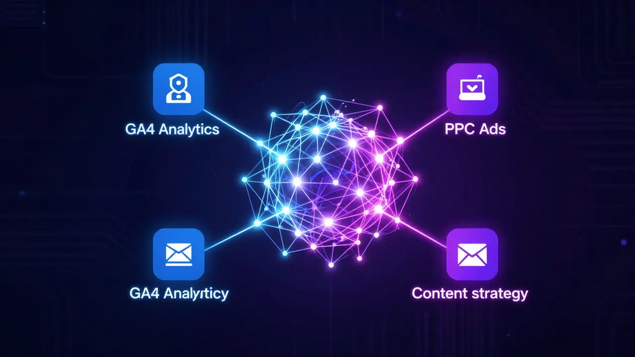 Abstract 3D visualization of interconnected digital marketing skills and AI networks.