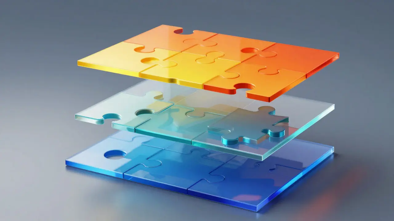 Abstract glass layers illustrating aligned educational components