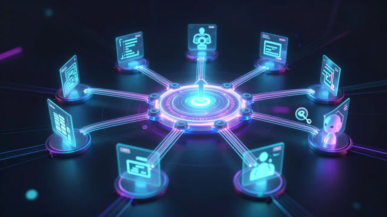 Abstract visualization of AI connecting skill data streams