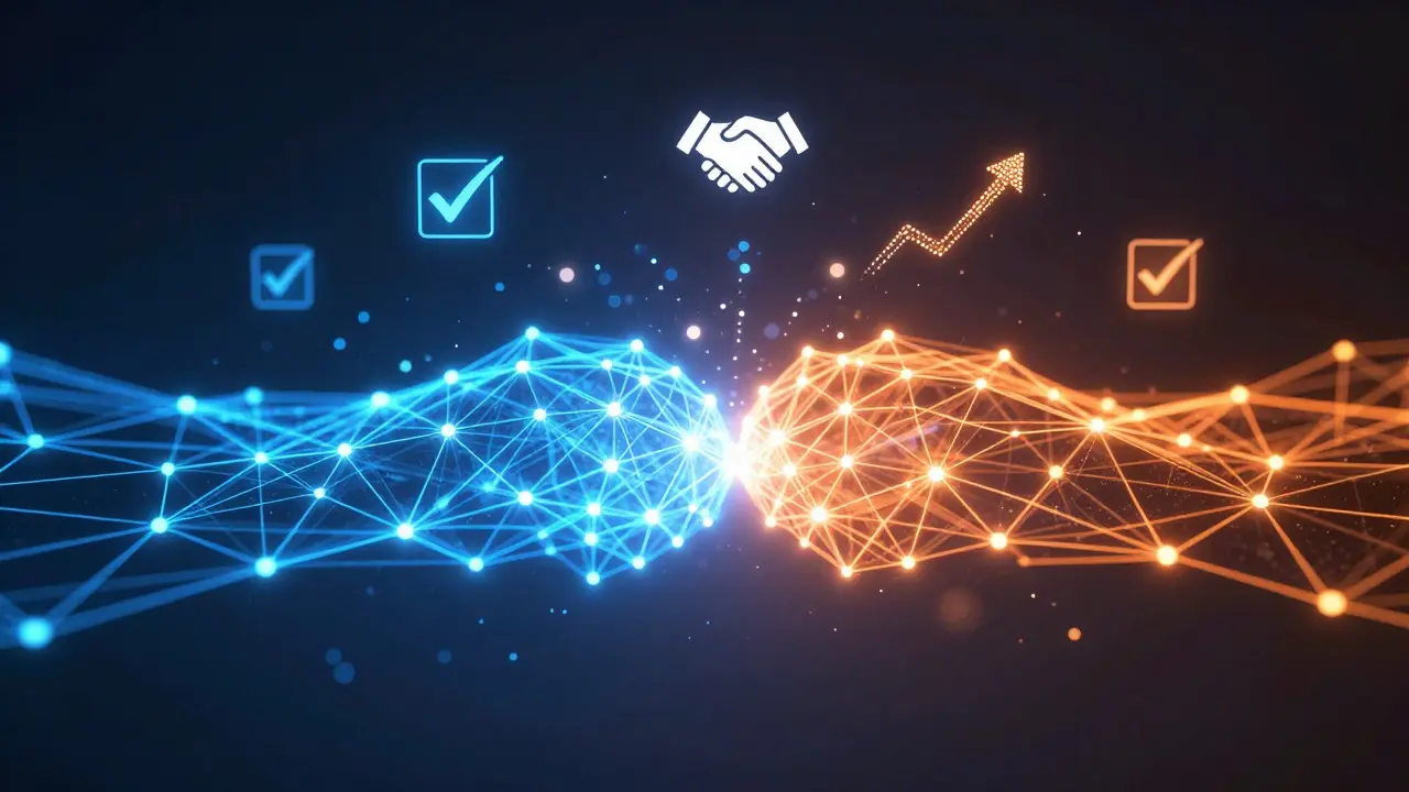 Abstract visualization of two professional networks merging for synergy.