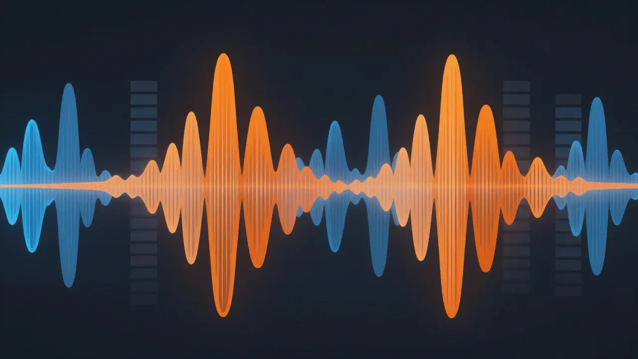 Abstract visualization of voice and music waveforms blending in an audio mix