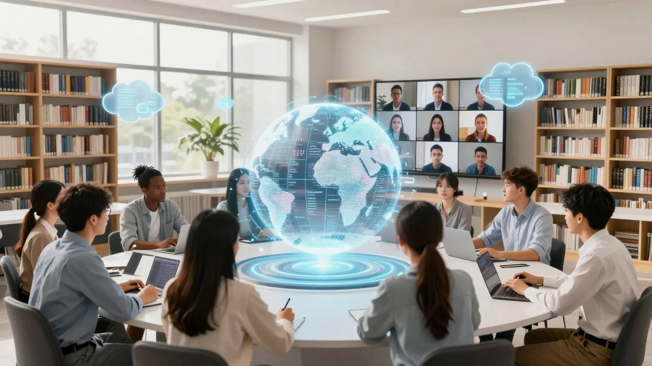 Avatars collaborating around a holographic globe in a virtual classroom