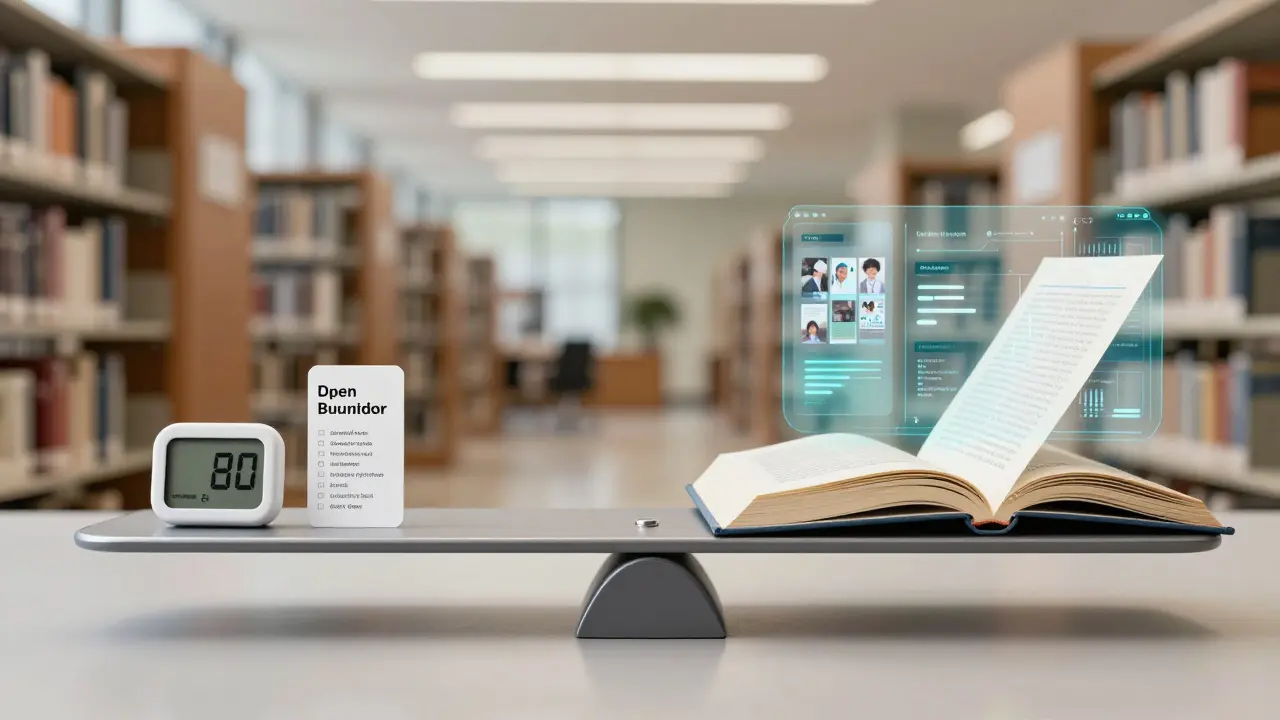 Balanced scale weighing timed recall skills against open-book analytical application