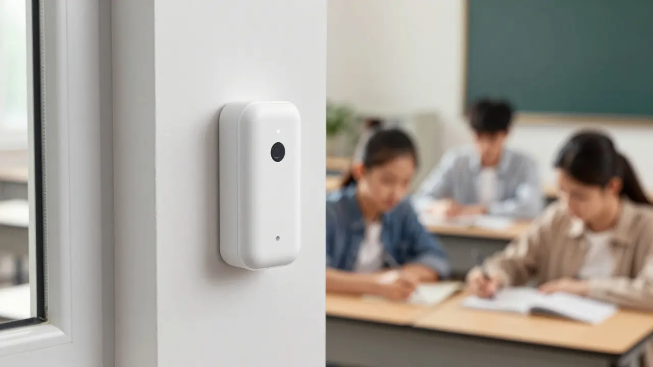 Close-up of a wall-mounted IoT sensor in a busy classroom with students working in background.