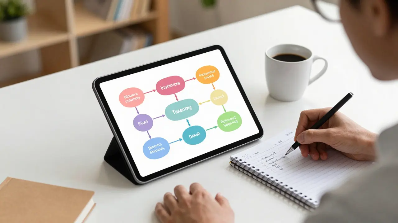 Designer's desk with tablet showing educational mind maps