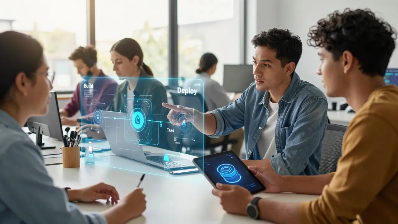Developers collaborating over a holographic CI/CD pipeline