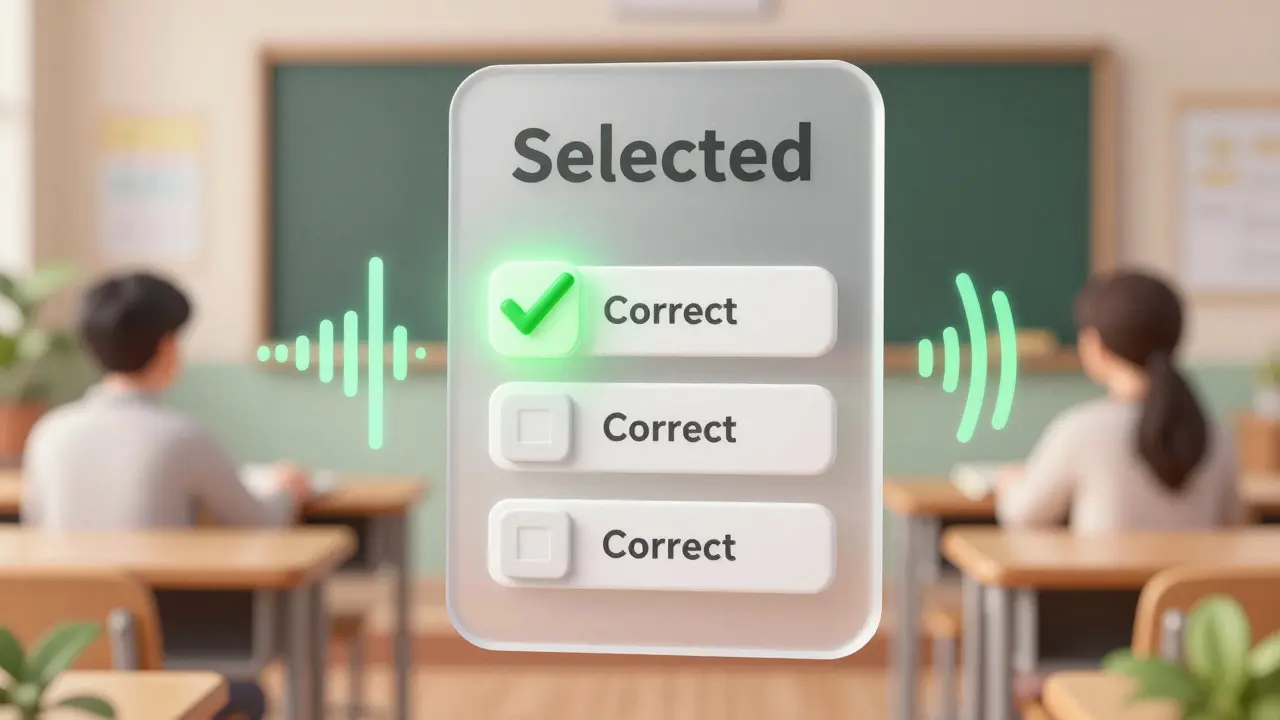 Floating quiz card with highlighted answer and visualized audio haptic feedback