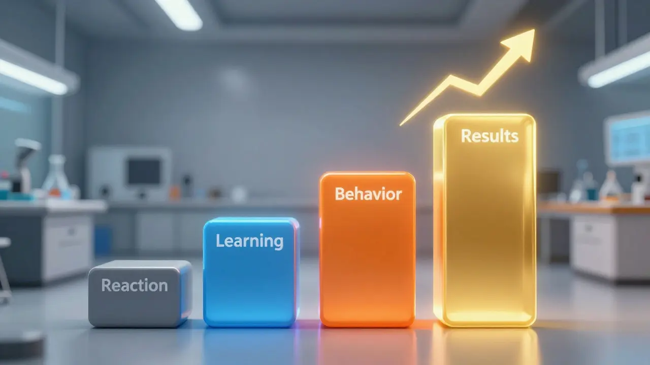 Four glowing pillars representing levels of training evaluation success.