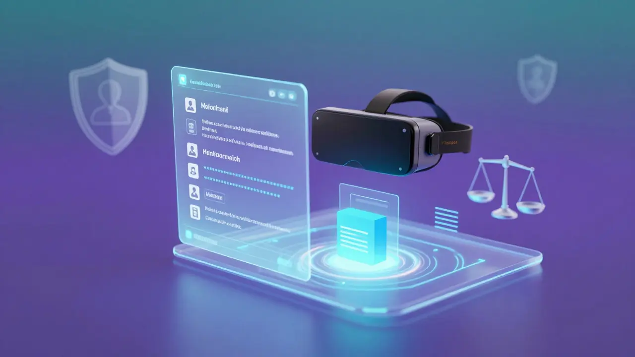 Futuristic concept showing biometric data, blockchain, and VR in exam security