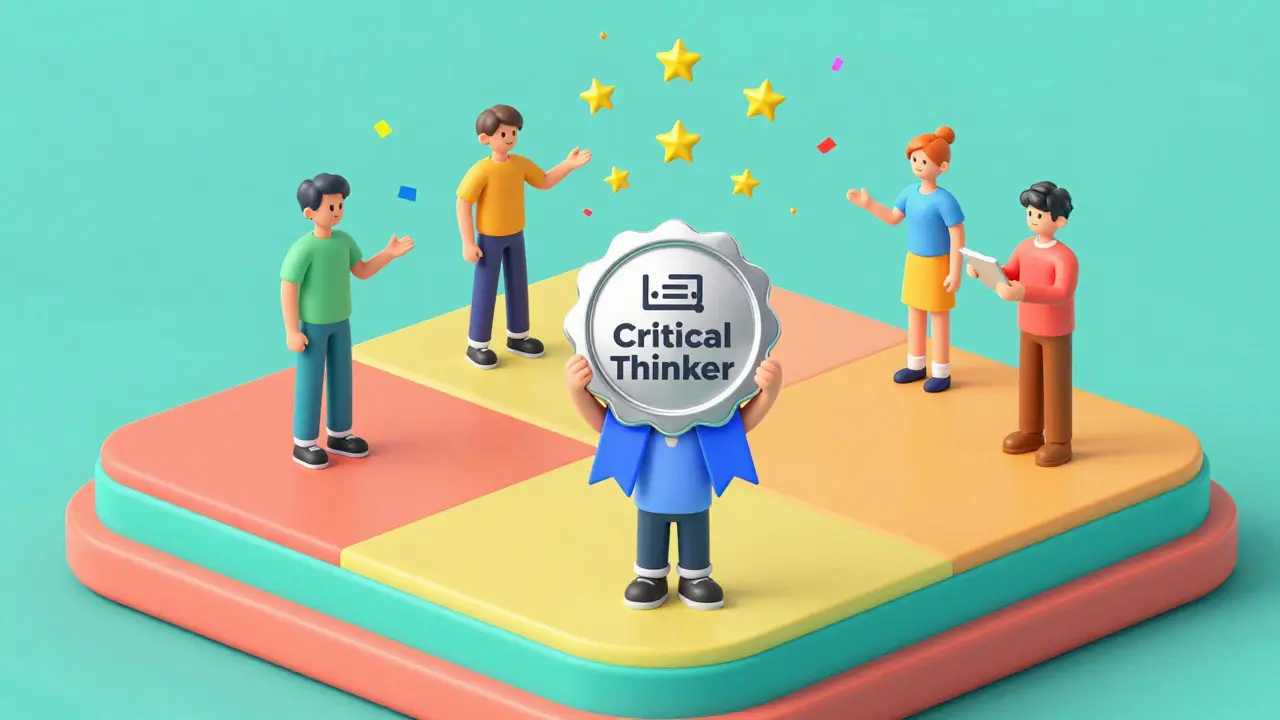 Gamified learning scene with digital badges and peer encouragement