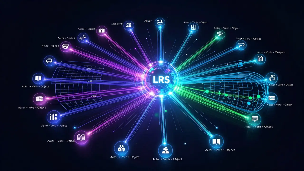 Glowing network diagram showing xAPI data statements flowing to an LRS
