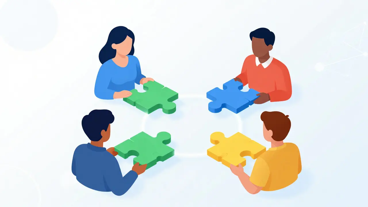Glowing puzzle pieces connecting diverse students online