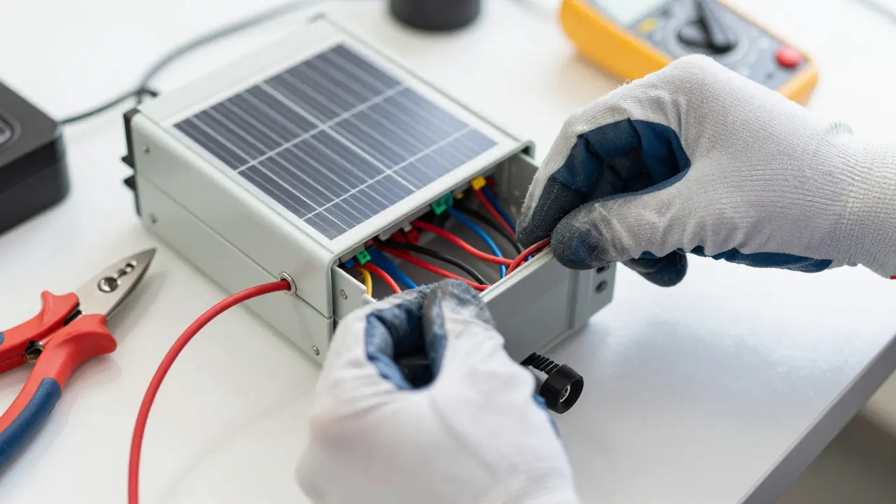 Hands wiring solar inverter components with tools nearby