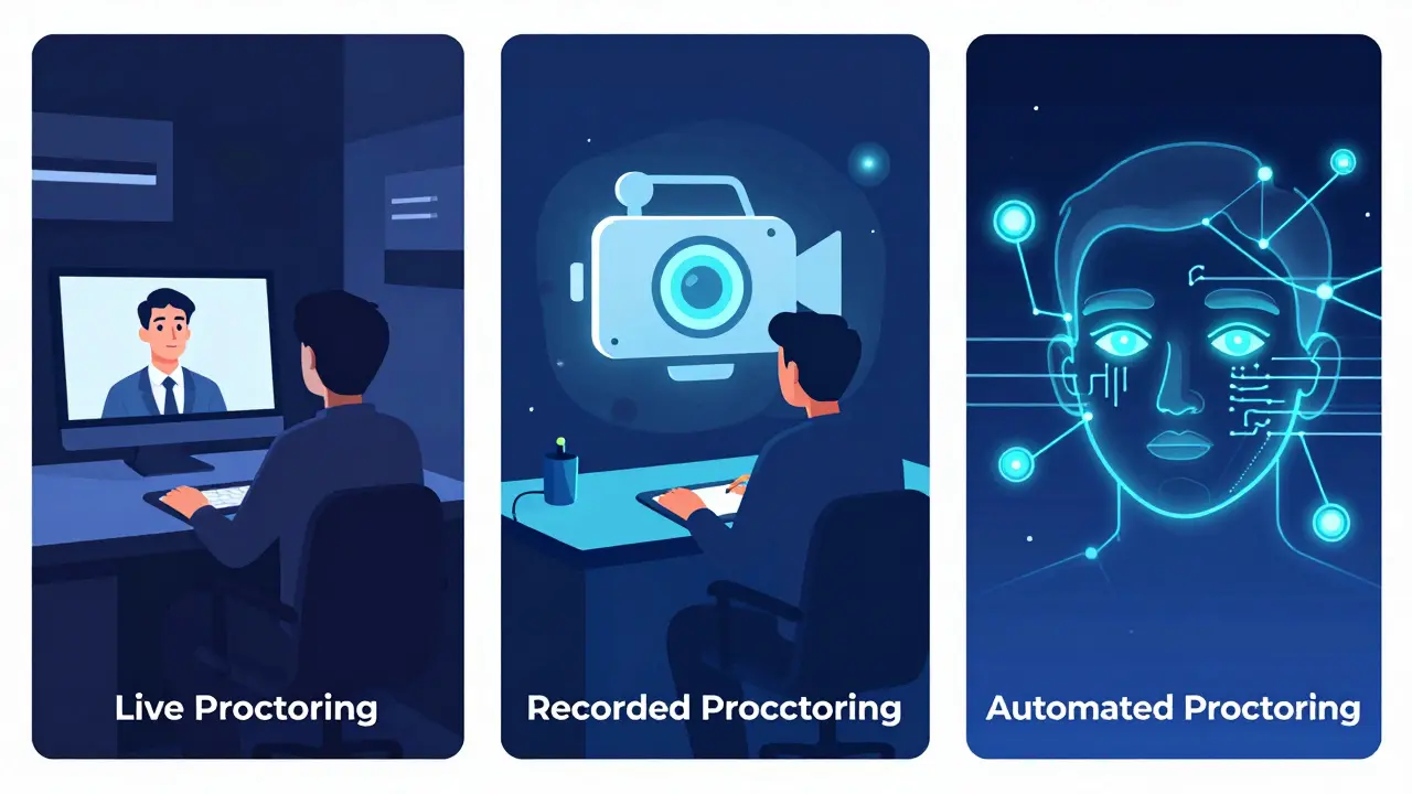 Illustration comparing live, recorded, and AI automated proctoring methods
